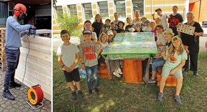 Pupils paint the apprentices' insect hotels